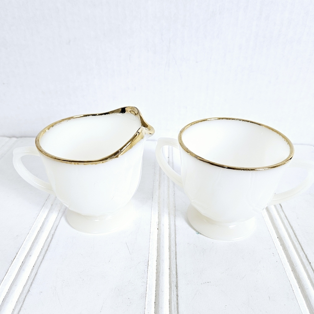 Fire King Oven Ware Golden Swirl Milk Glass Creamer Sugar Bowl USA Cottagecore